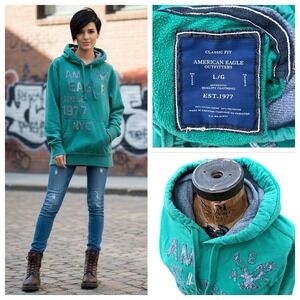 American Eagle Distressed Graphic Hoodie Women's Teal Oversized L Grunge Rugged